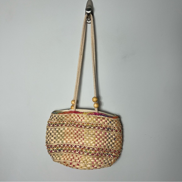 Vintage Straw Bag Purse Handbag Woven Colorful Wooden Beads - Picture 8 of 9